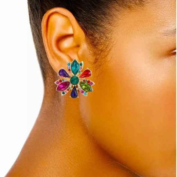 Multicolor Crystal Flower Button Earrings - Picture 1 of 2